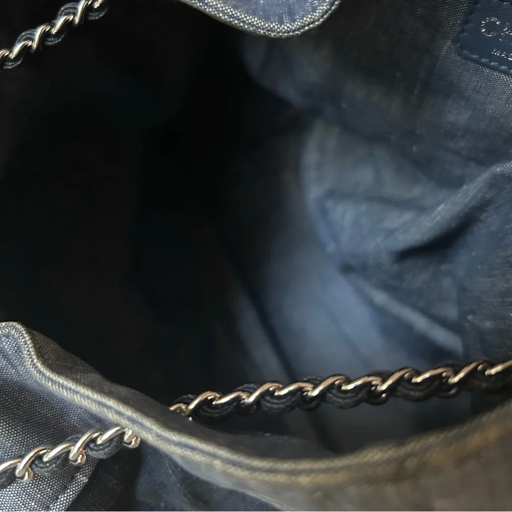 RARE！Chanel 2014 denim 2 tone medallion charm back pack bag/tote bag
